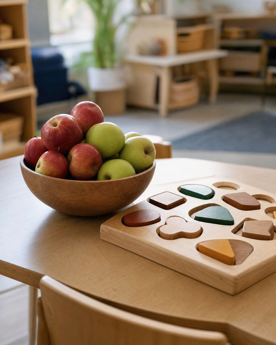 A bowl of red and green apples beside a wooden shape puzzle on a low classroom table