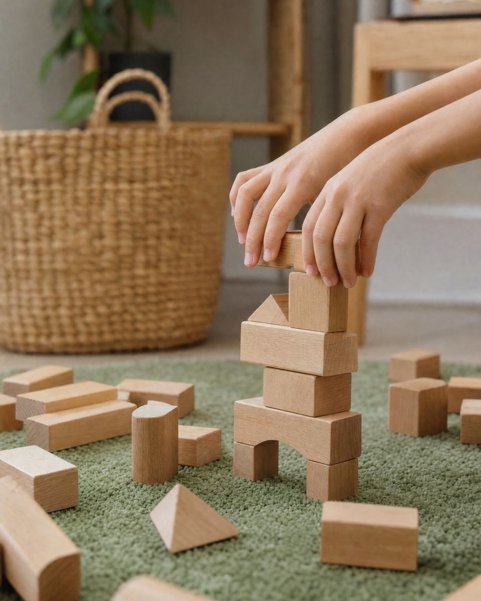 A child's hands stacking natural wooden blocks on a sage green rug