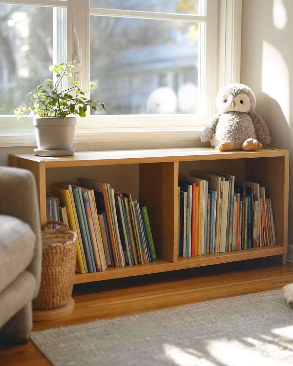 Low bookshelf of picture books with a stuffed owl toy and a small potted plant by a sunny window
