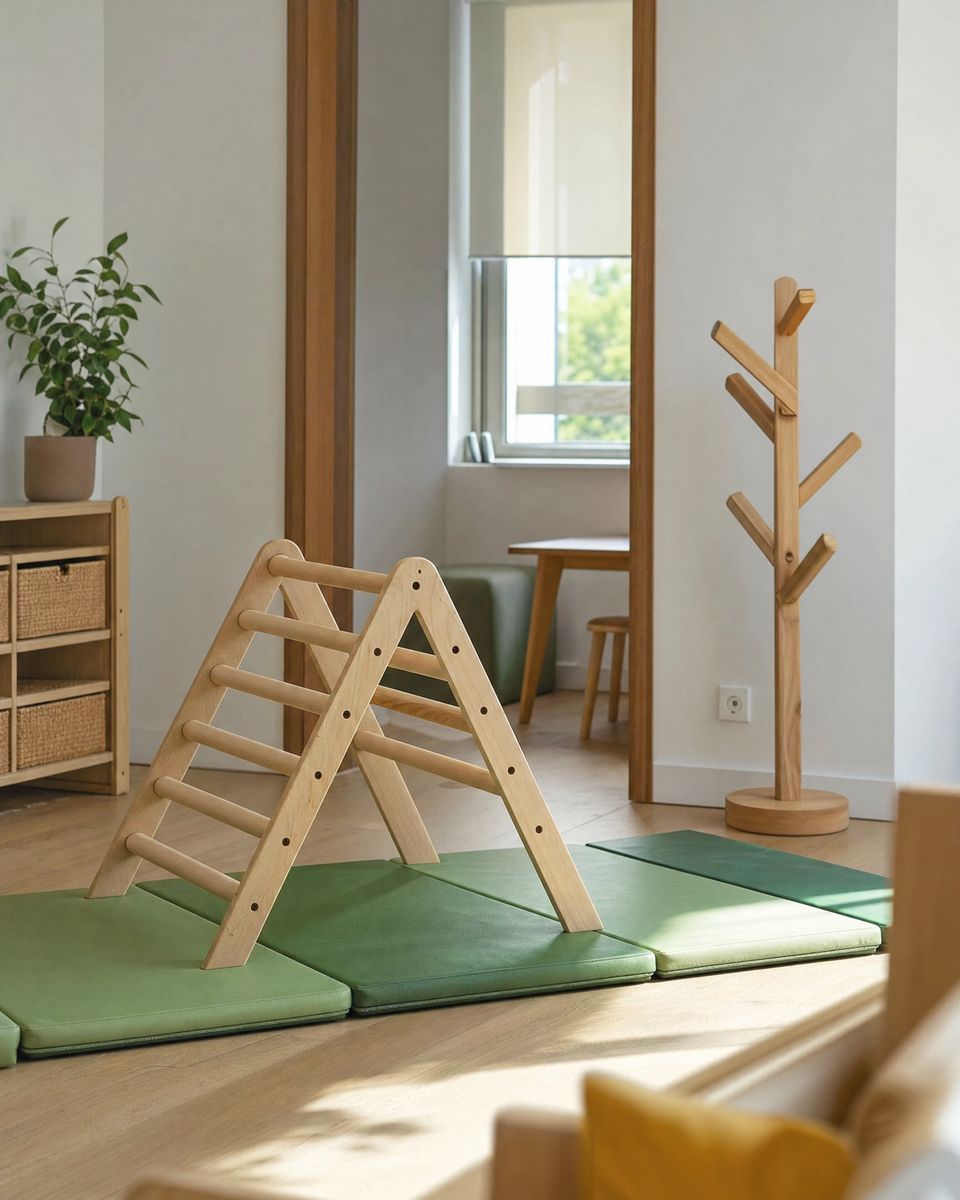 Bright play area with a wooden climbing triangle, soft green floor mats and a tree-shaped coat rack