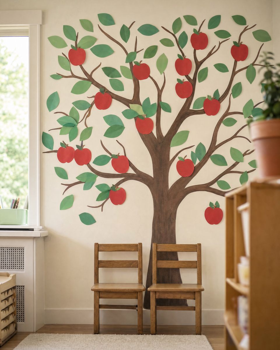 Classroom wall with a painted tree mural, green paper leaves and red paper apples, two small wooden chairs below